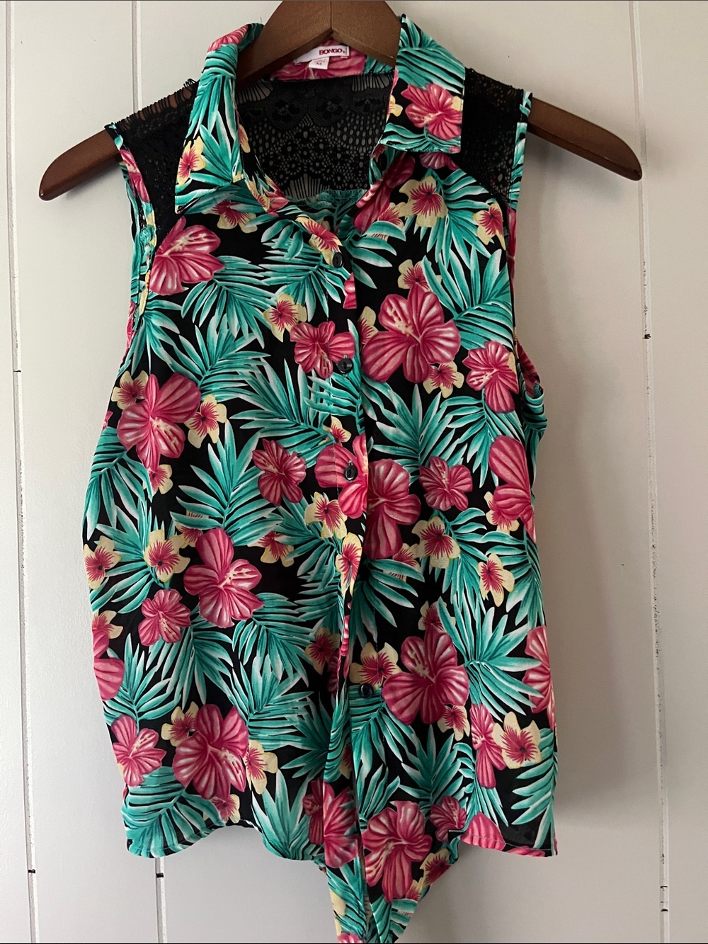 BONGO Black Sleeveless Button-Front Top with Pink & Teal Floral